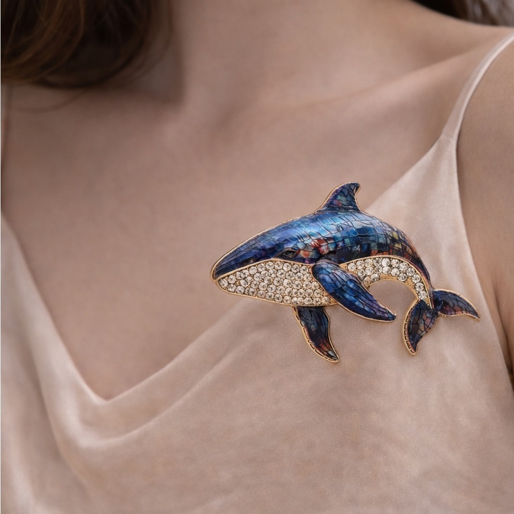 Anthropologie Blue and Gold Whale Brooch
